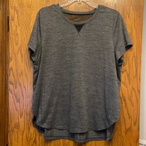 Gray t-shirt with split sides and see-through triangles on front/back neckline